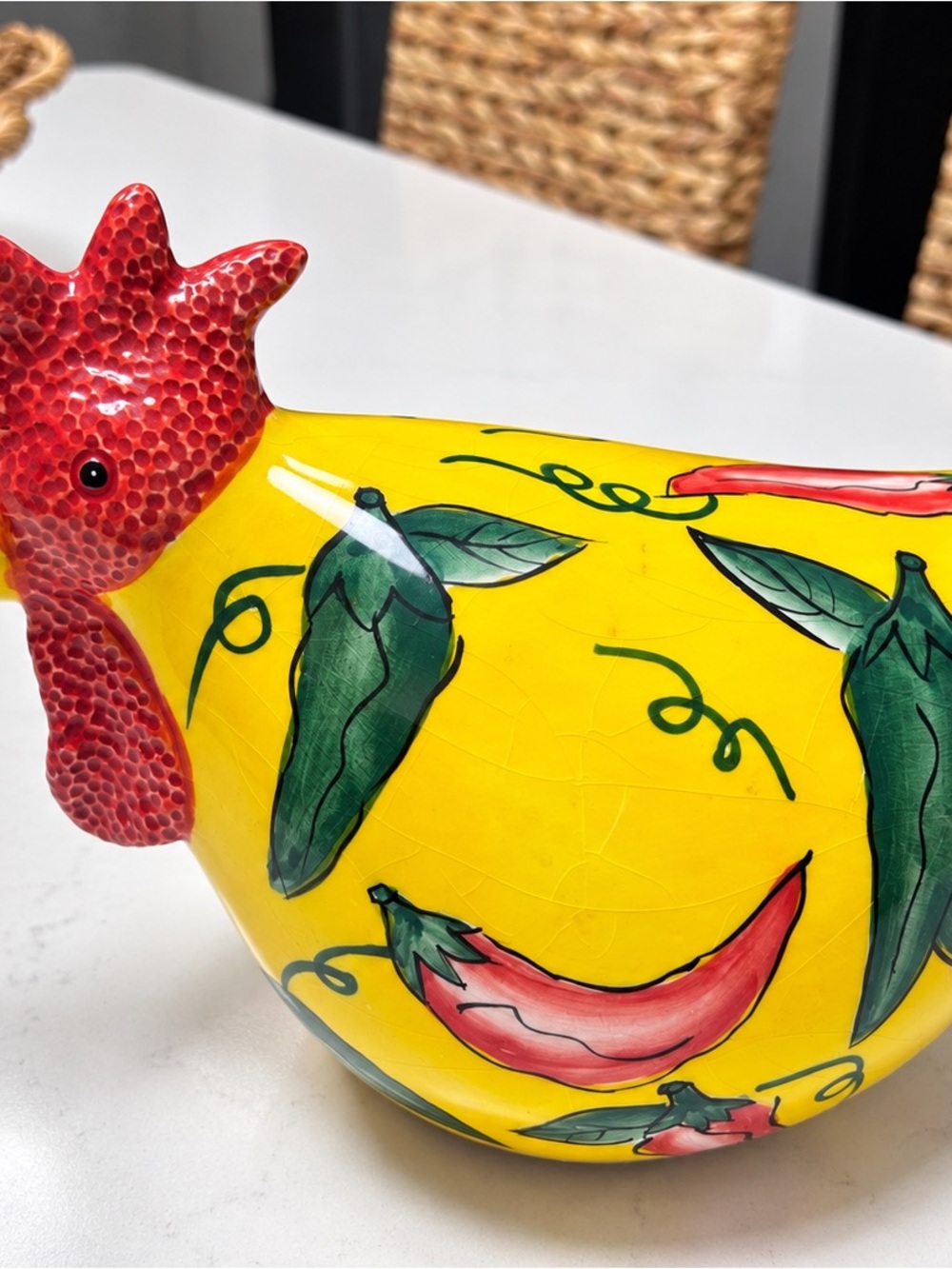 Yellow Ceramic Hen Figurine with Chili Pepper Motif